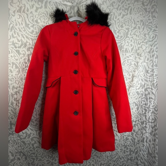Cat & Jack NWT Girls Red Faux Fur Hooded Coat - size XL (14/16) - Picture 2 of 13
